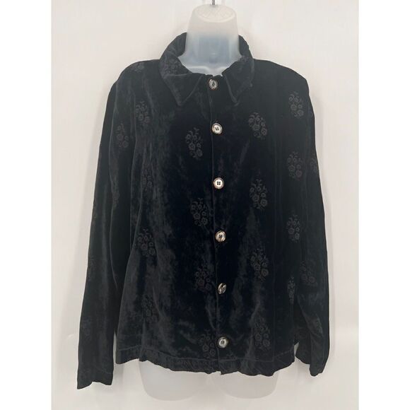 CP Shades Crushed Velvet Rayon Button Down Sz Medium Black Embroidered Top Boho - Picture 2 of 16